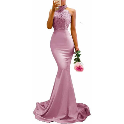 Halter Neck Mermaid Satin Bridesmaid Dress Lace s Long Prom Dress Wedding Ball Gown