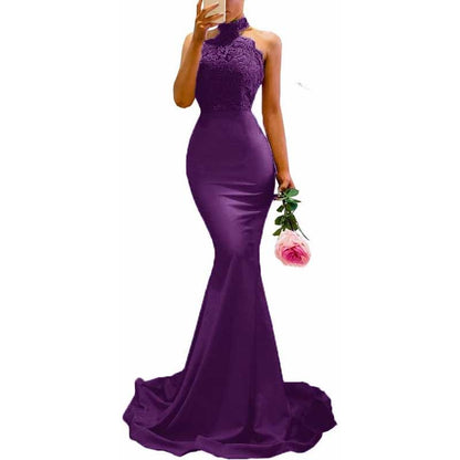 Halter Neck Mermaid Satin Bridesmaid Dress Lace s Long Prom Dress Wedding Ball Gown