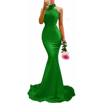 Halter Neck Mermaid Satin Bridesmaid Dress Lace s Long Prom Dress Wedding Ball Gown