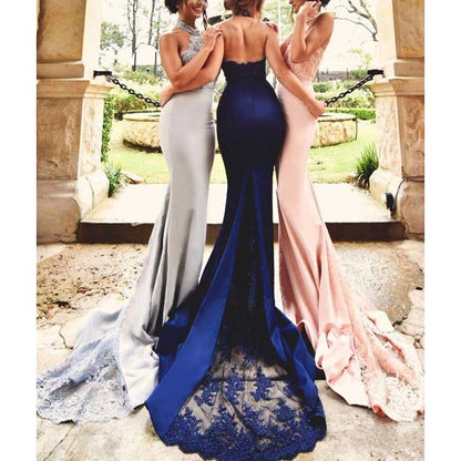 Halter Neck Mermaid Satin Bridesmaid Dress Lace s Long Prom Dress Wedding Ball Gown