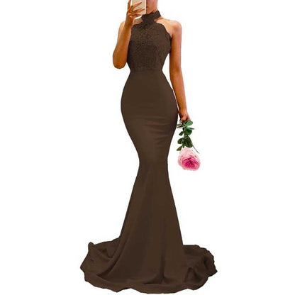 Halter Neck Mermaid Satin Bridesmaid Dress Lace s Long Prom Dress Wedding Ball Gown