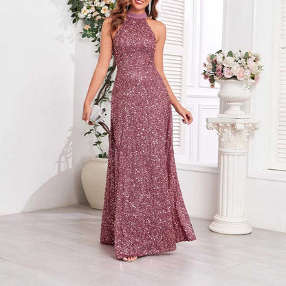 Halter Neck Sequin Wedding Guest Dress Dust Rose Long Evening Dress
