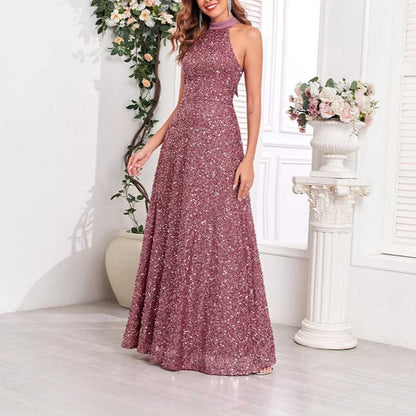 Halter Neck Sequin Wedding Guest Dress Dust Rose Long Evening Dress
