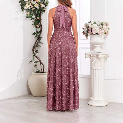 Halter Neck Sequin Wedding Guest Dress Dust Rose Long Evening Dress