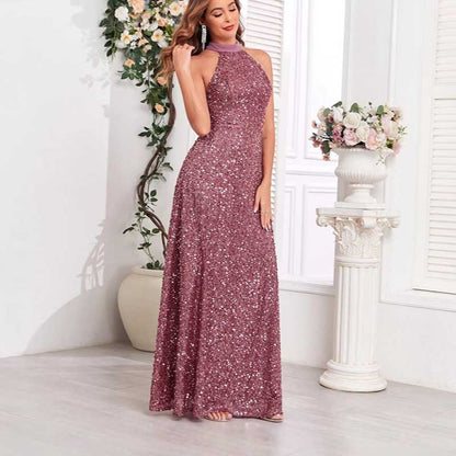 Halter Neck Sequin Wedding Guest Dress Dust Rose Long Evening Dress