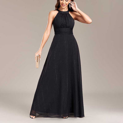 Halter Neck Wedding Guest Dress Black Backless Long Evening Dress Bridesmaid Dress