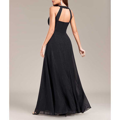 Halter Neck Wedding Guest Dress Black Backless Long Evening Dress Bridesmaid Dress