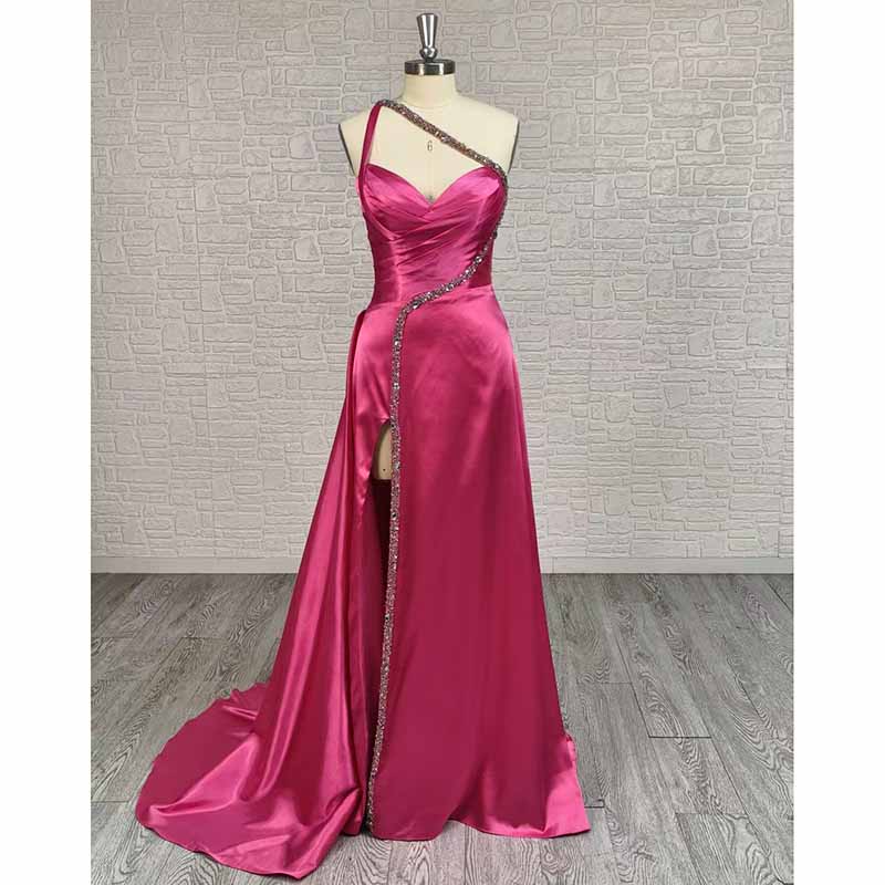 Hand-Made Hot Pink High Split Satin Slip Prom Dress | Custom Formal Gown