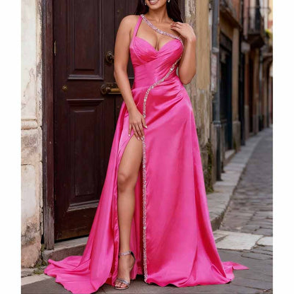 Hand-Made Hot Pink High Split Satin Slip Prom Dress | Custom Formal Gown