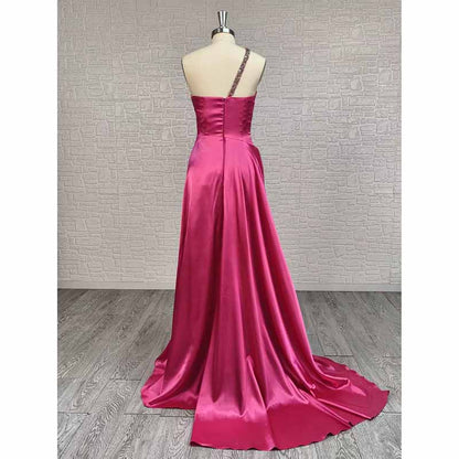 Hand-Made Hot Pink High Split Satin Slip Prom Dress | Custom Formal Gown