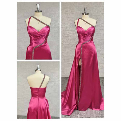 Hand-Made Hot Pink High Split Satin Slip Prom Dress | Custom Formal Gown