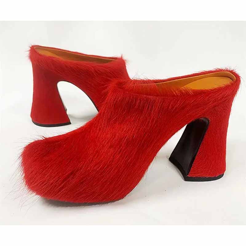 High-Heeled Horsehair Chunky Slipper Fur Mule Heels