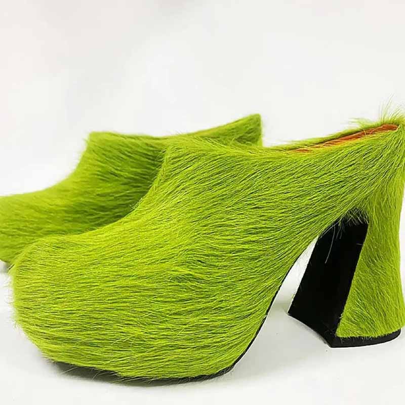 High-Heeled Horsehair Chunky Slipper Fur Mule Heels