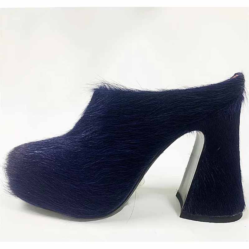 High-Heeled Horsehair Chunky Slipper Fur Mule Heels