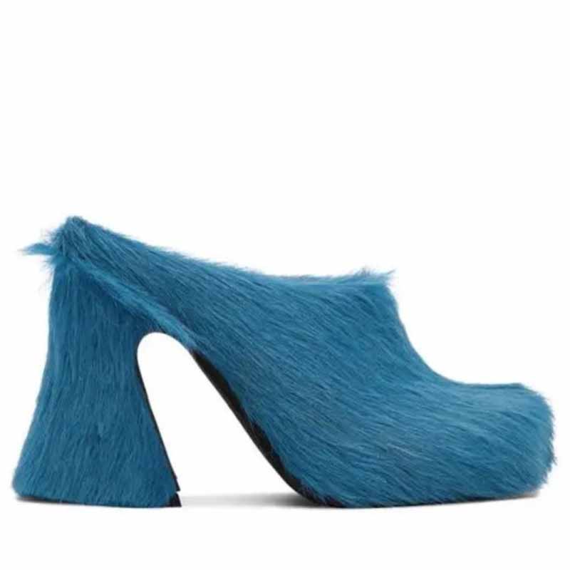 High-Heeled Horsehair Chunky Slipper Fur Mule Heels