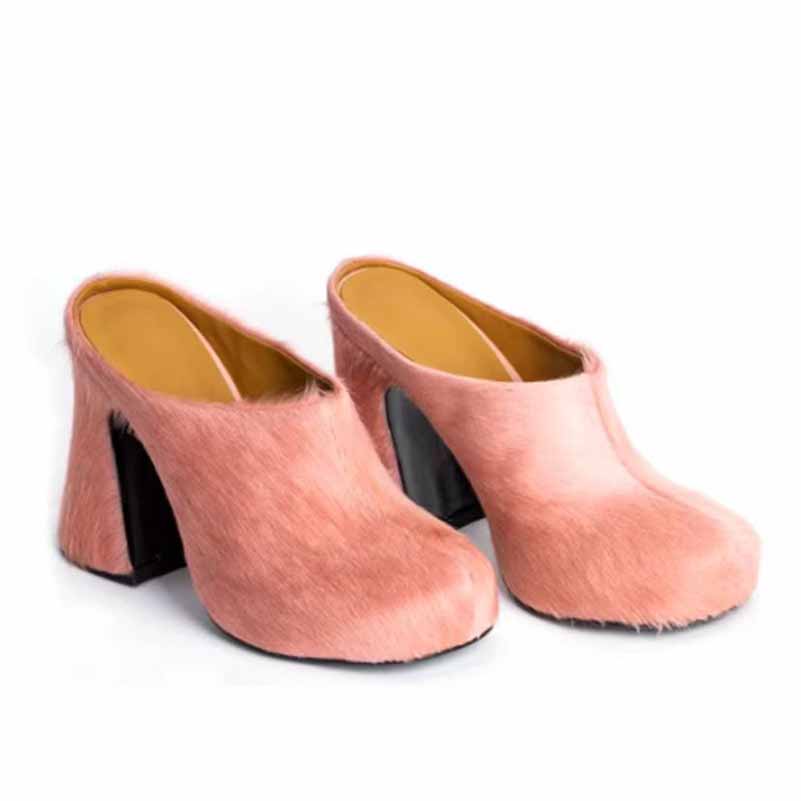 High-Heeled Horsehair Chunky Slipper Fur Mule Heels