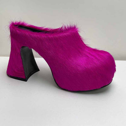 High-Heeled Horsehair Chunky Slipper Fur Mule Heels