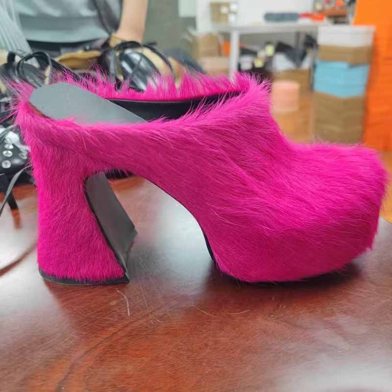 High-Heeled Horsehair Chunky Slipper Fur Mule Heels