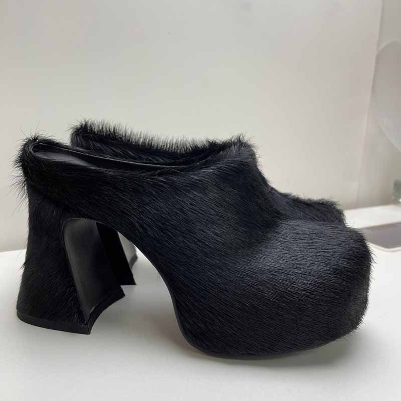 High-Heeled Horsehair Chunky Slipper Fur Mule Heels