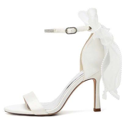High Heel Sandals for Women | Bridal Wedding Shoes with Ankle Strap & Organza Bow | Satin Open Toe Stilettos for Party Evening Formal