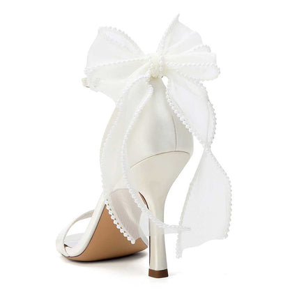 High Heel Sandals for Women | Bridal Wedding Shoes with Ankle Strap & Organza Bow | Satin Open Toe Stilettos for Party Evening Formal