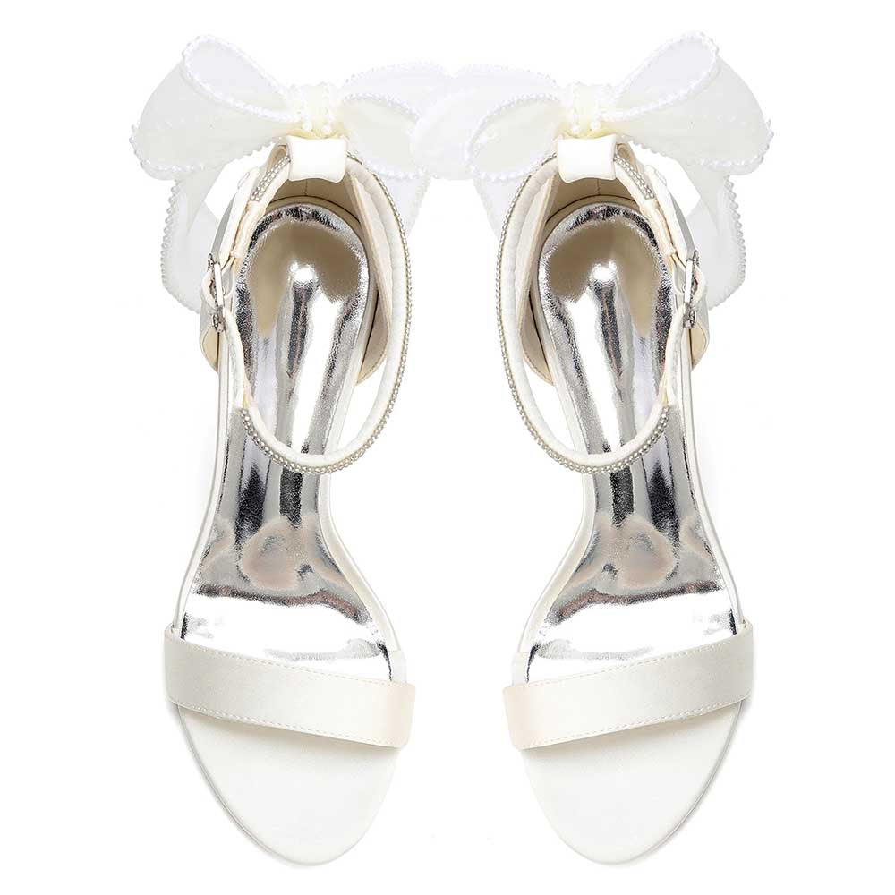 High Heel Sandals for Women | Bridal Wedding Shoes with Ankle Strap & Organza Bow | Satin Open Toe Stilettos for Party Evening Formal