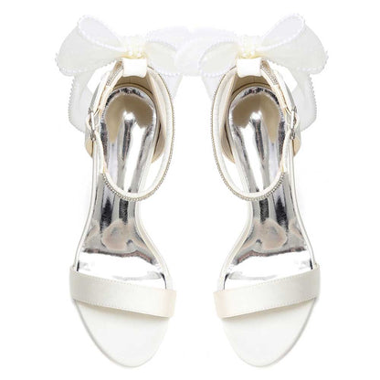 High Heel Sandals for Women | Bridal Wedding Shoes with Ankle Strap & Organza Bow | Satin Open Toe Stilettos for Party Evening Formal