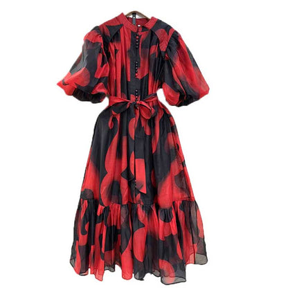 High Neck Floral Midi Dress Short Sleeves