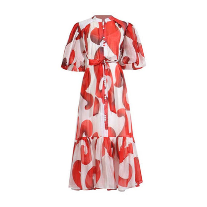 High Neck Floral Midi Dress Short Sleeves