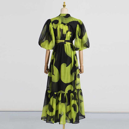 High Neck Floral Midi Dress Short Sleeves