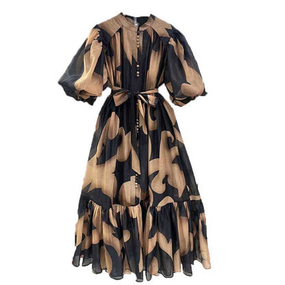 High Neck Floral Midi Dress Short Sleeves