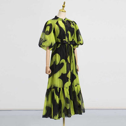 High Neck Floral Midi Dress Short Sleeves