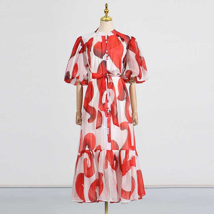 High Neck Floral Midi Dress Short Sleeves