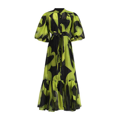 High Neck Floral Midi Dress Short Sleeves