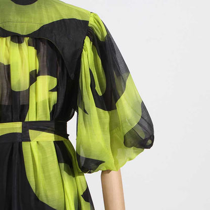 High Neck Floral Midi Dress Short Sleeves