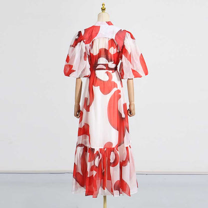 High Neck Floral Midi Dress Short Sleeves