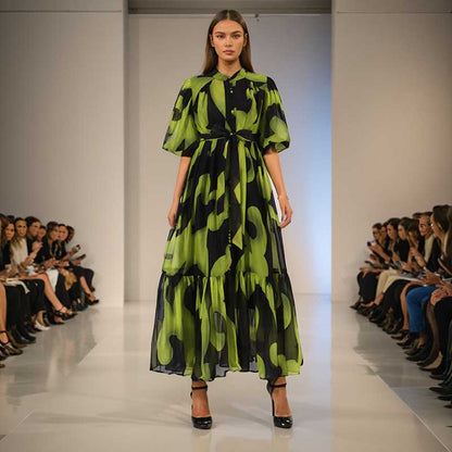 High Neck Floral Midi Dress Short Sleeves