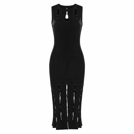 Hollow Out Maxi Dress Sleeveless Beads-detailing Black Long Dress