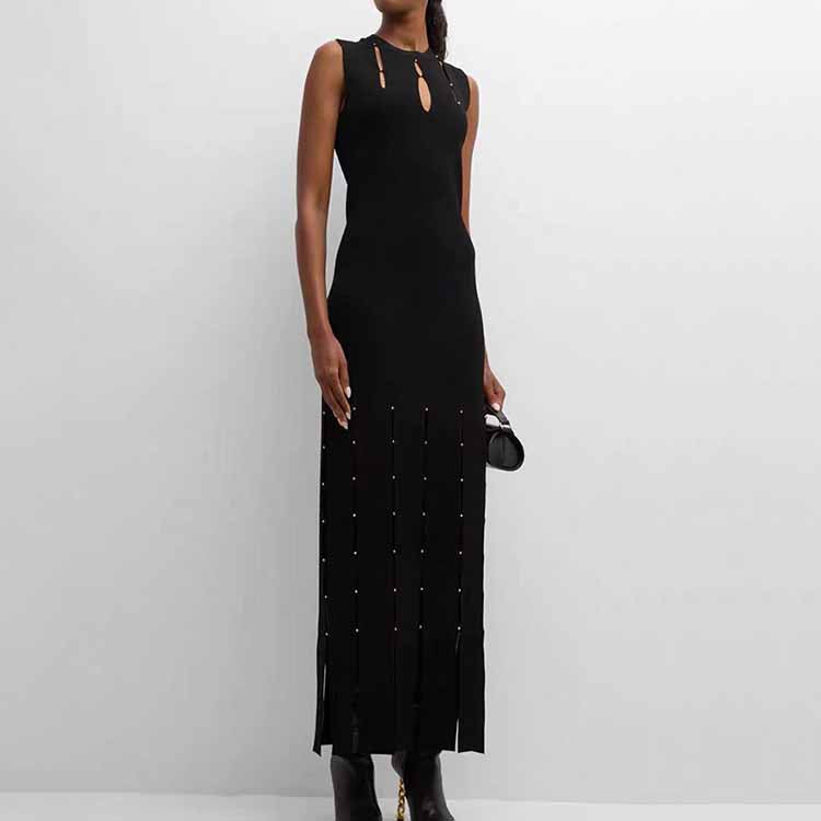 Hollow Out Maxi Dress Sleeveless Beads-detailing Black Long Dress