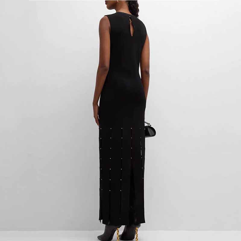 Hollow Out Maxi Dress Sleeveless Beads-detailing Black Long Dress