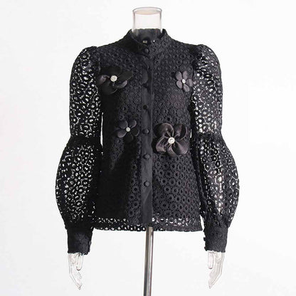 Women Hollow Out Shirt & Short Set Floral 2-Piece Suit Lace Shorts Set