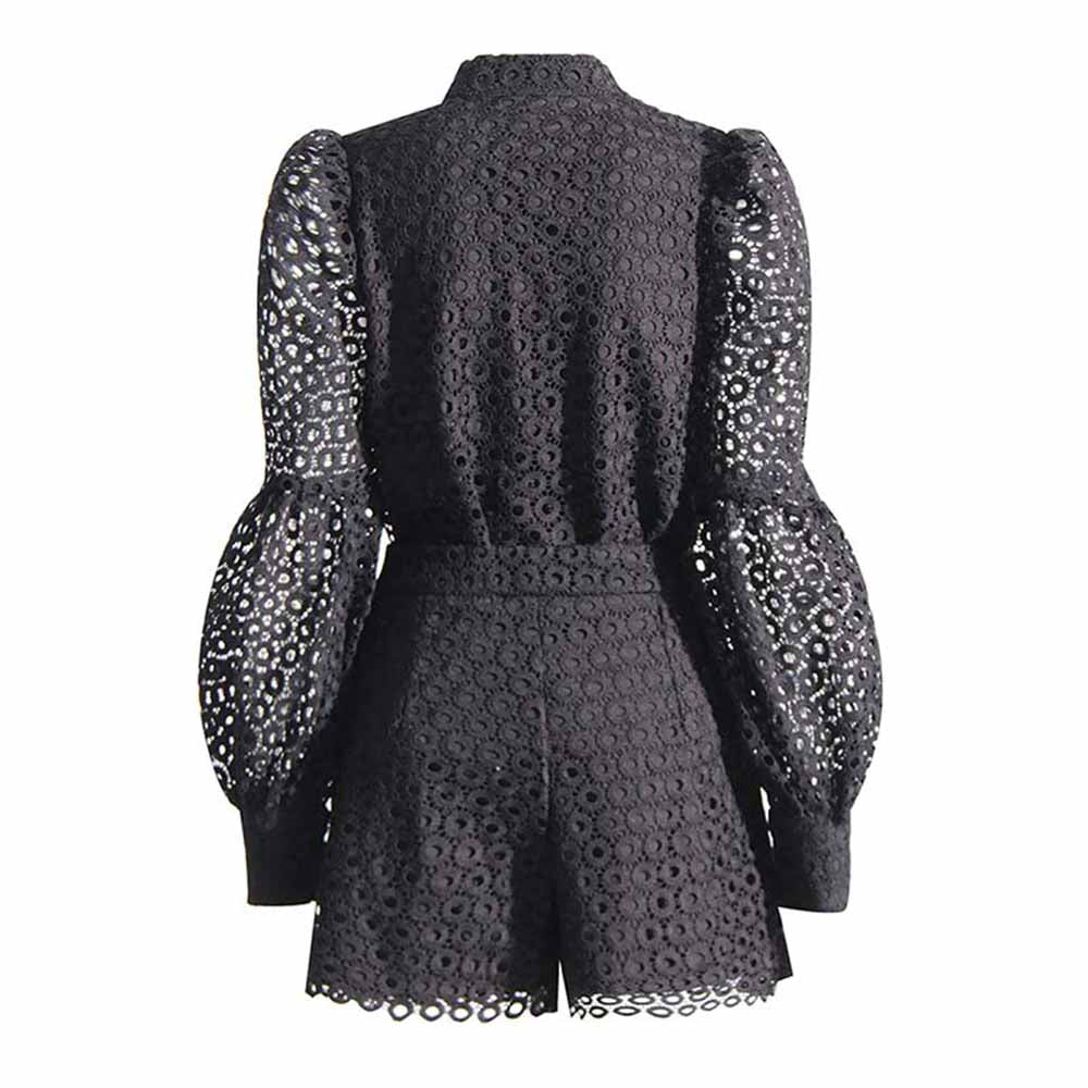 Women Hollow Out Shirt & Short Set Floral 2-Piece Suit Lace Shorts Set