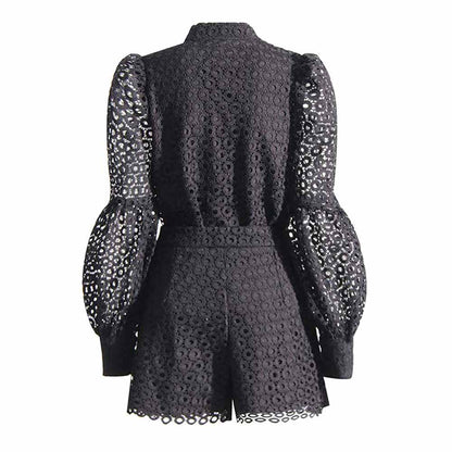 Women Hollow Out Shirt & Short Set Floral 2-Piece Suit Lace Shorts Set