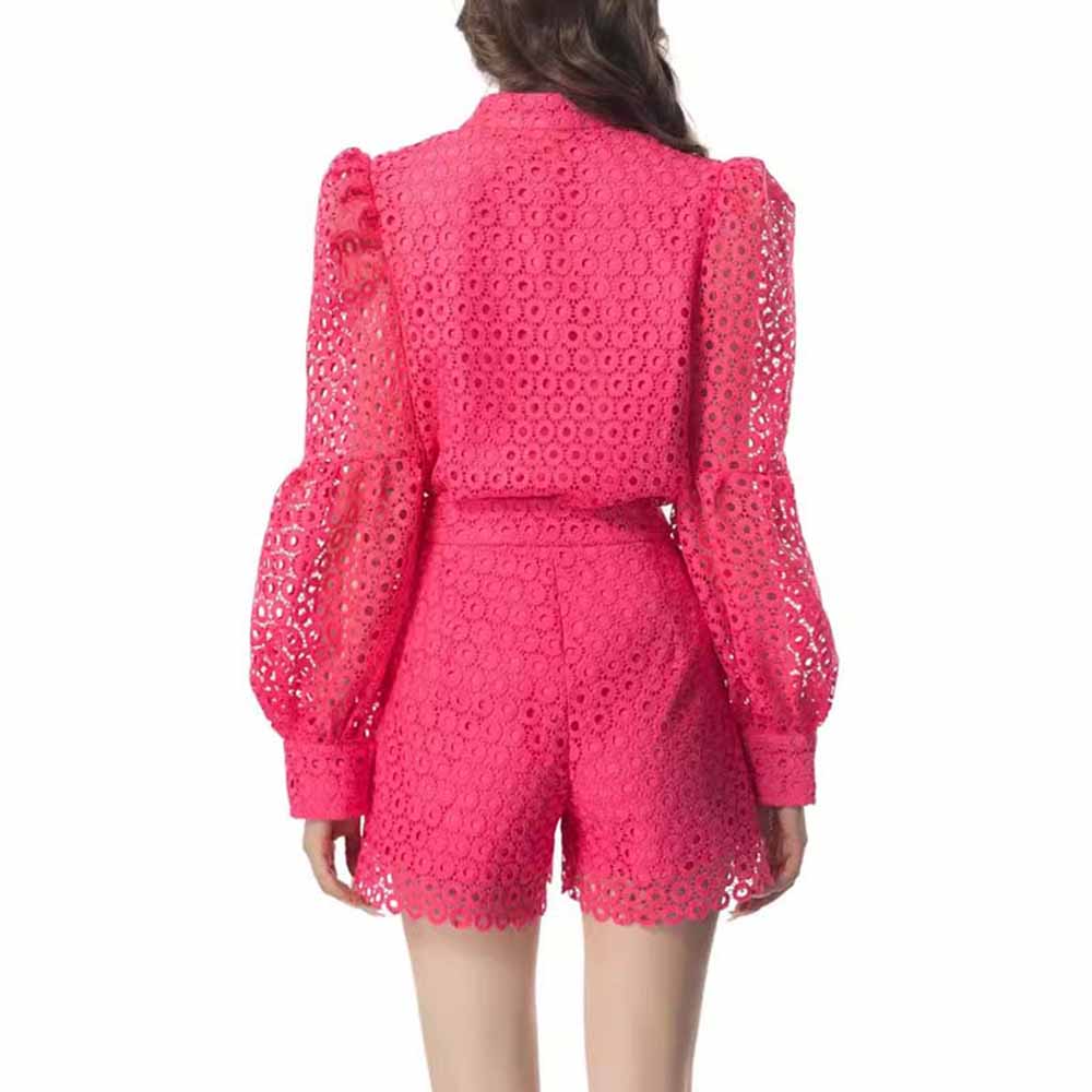 Women Hollow Out Shirt & Short Set Floral 2-Piece Suit Lace Shorts Set