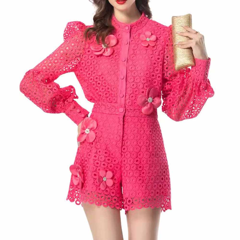 Women Hollow Out Shirt & Short Set Floral 2-Piece Suit Lace Shorts Set