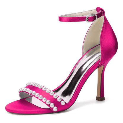 Elegant Women's Pearl Embellished Ankle Strap Stiletto High Heel Sandals - Bridal Wedding & Formal Evening Shoes