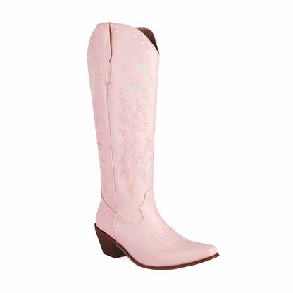 Pink women's embroidered cowboy boots with intricate stitching and stylish design for a trendy look