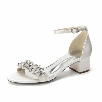 Women's Rhinestone Embellished Satin Strap Chunky Heel Sandals - Wedding Party Bridal Dress Shoes for Women