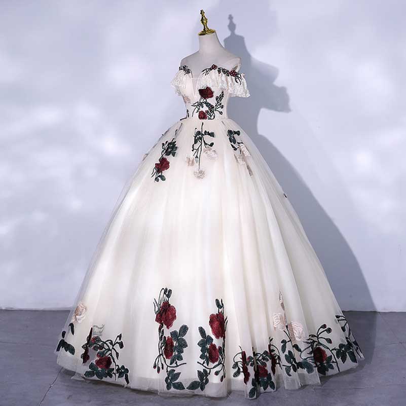 White Floral Ball Gown Tulle Sweetheart Flower Lace Applique Formal Dress