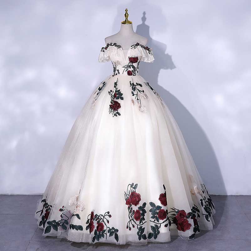 White Floral Ball Gown Tulle Sweetheart Flower Lace Applique Formal Dress